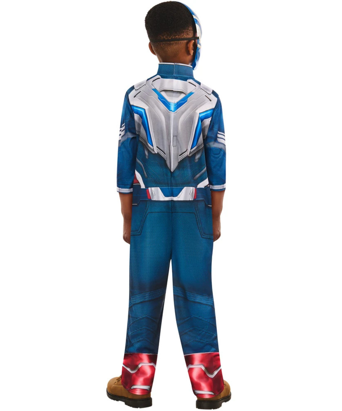 A child viewed from the back wearing a blue and silver superhero-style costume with red lightning accents near the boots, against a plain white background.