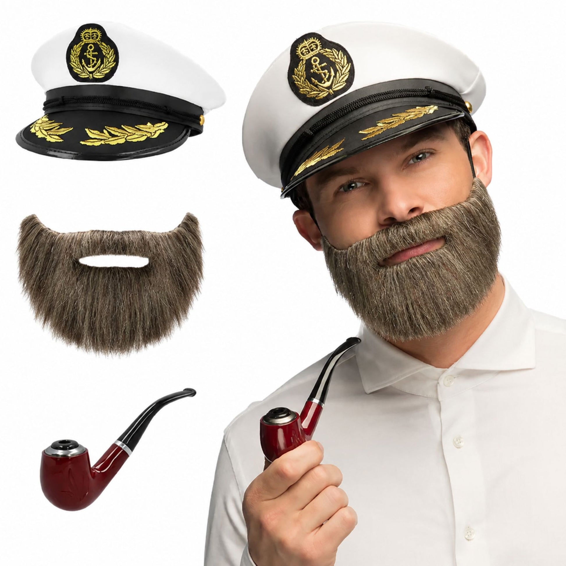 Man wearing a captain's hat with a beard and pipe, accompanied by a beard and hat on a white background.