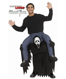 A man modeling a Ghostface 'Lives Ghost Face' costume against a white background. The costume consists of a ghost face Costume with false Human Legs
