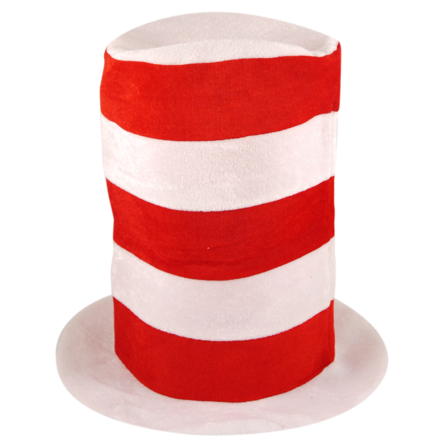A red and white striped top hat with a white brim, shown on a plain white background.