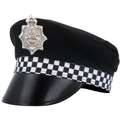 Black police cap with a silver badge and checkered band on a white background
