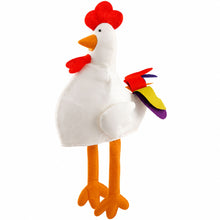 A plush chicken toy with a white body, red comb and wattle, orange beak and legs, and multicolored tail feathers on a plain white background.