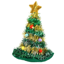 A green tinsel Christmas tree hat with a gold star topper, decorated with gold tinsel, colourful ornaments, and a green felt base on a white background.