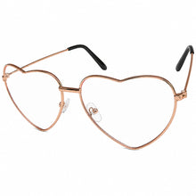 Heart-shaped clear lens, metal eyeglass frames in a rose gold finish with black temple tips, shown on a plain white background.