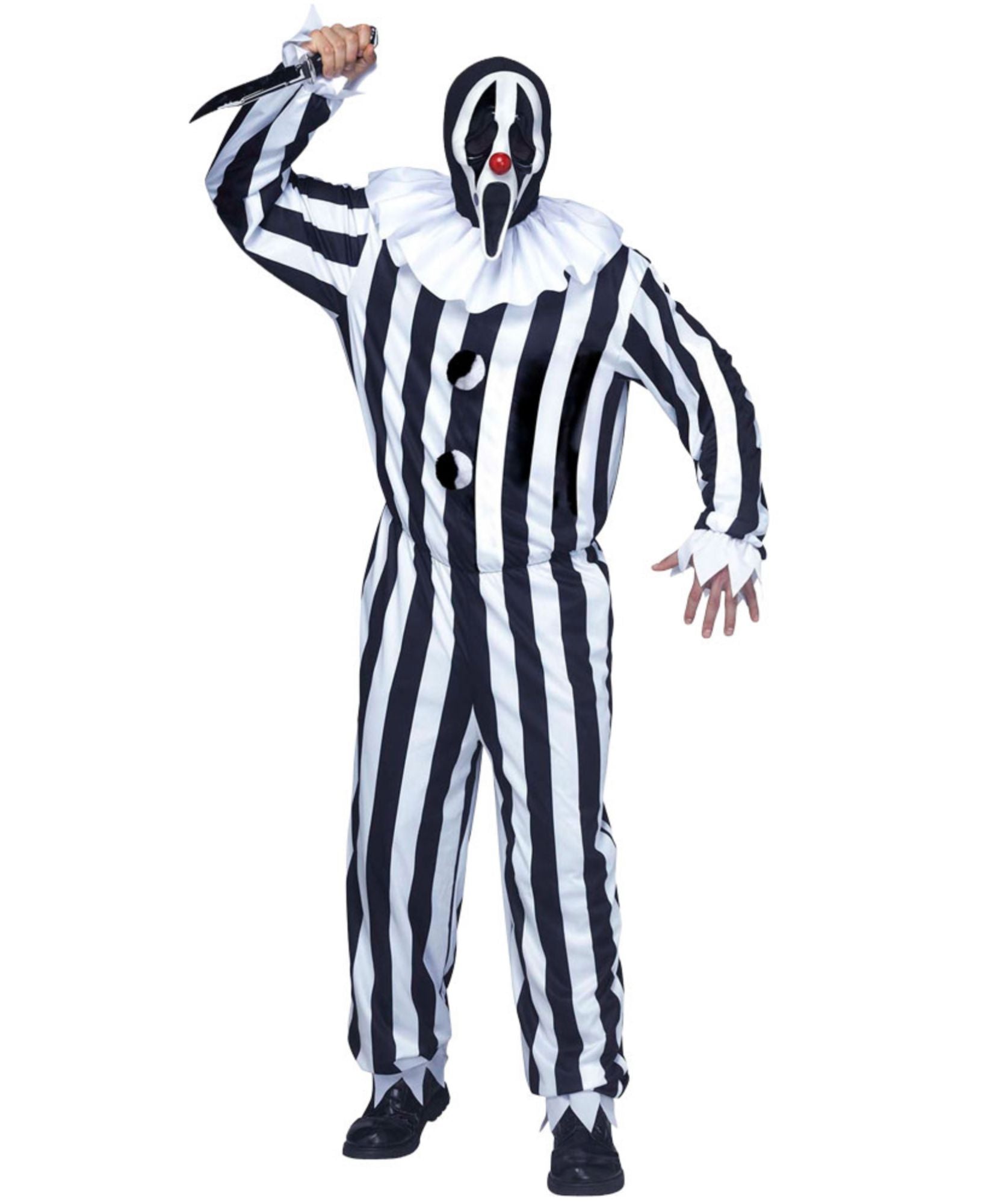 A person modeling a black and white vertically striped horror clown costume with a white ruffled collar, black-and-white mask, and black shoes against a plain white background.