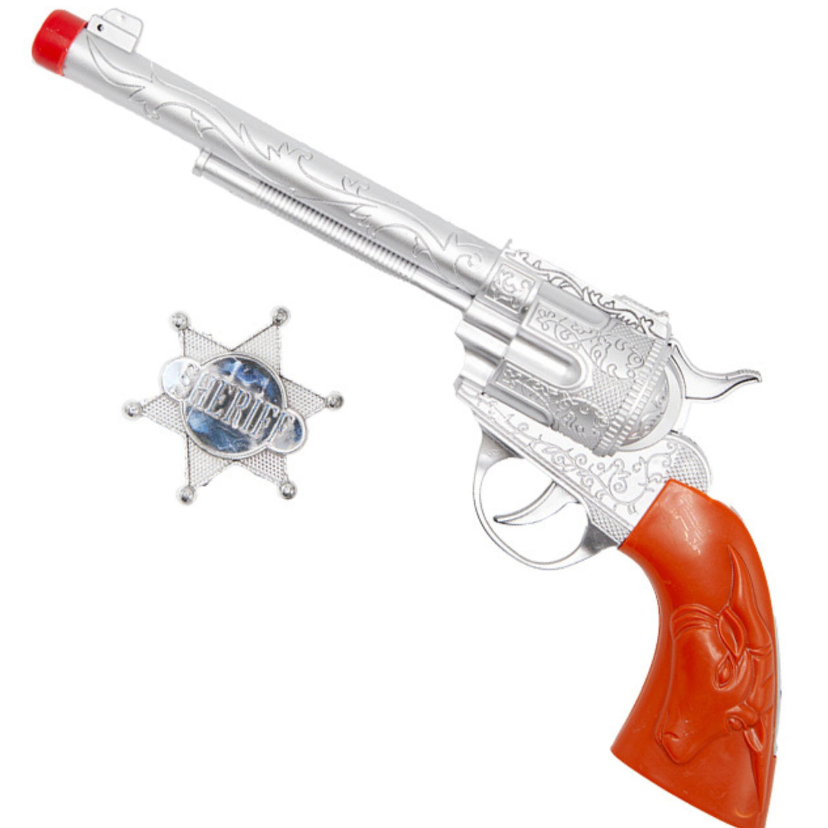 Toy revolver with orange handle and silver accents with a sheriff badge on a white background