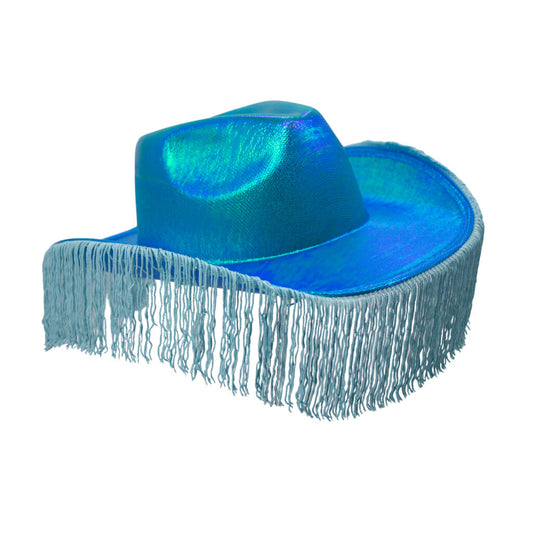 Blue cowboy hat with fringes on a white background