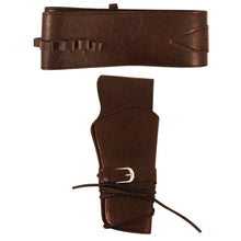 A dark brown faux leather holster accessory set featuring a wide belt and matching gun holster, shown on a plain white background.