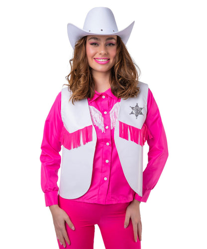 Person wearing a pink and white cowboy outfit with a star emblem on a white background