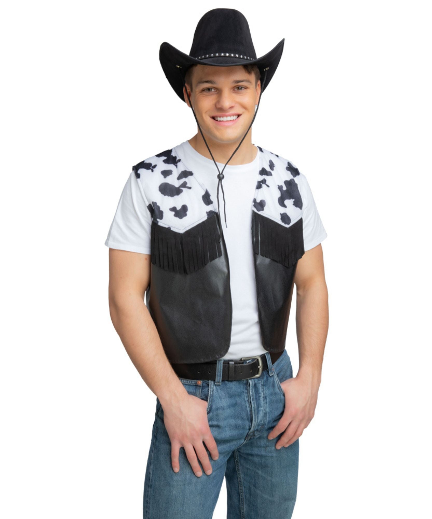 Person wearing a black leather vest with fringe, white shirt, blue jeans, and cowboy hat on a white background
