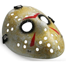 Worn-out Jason style hockey mask with red triangle and holes on a white background
