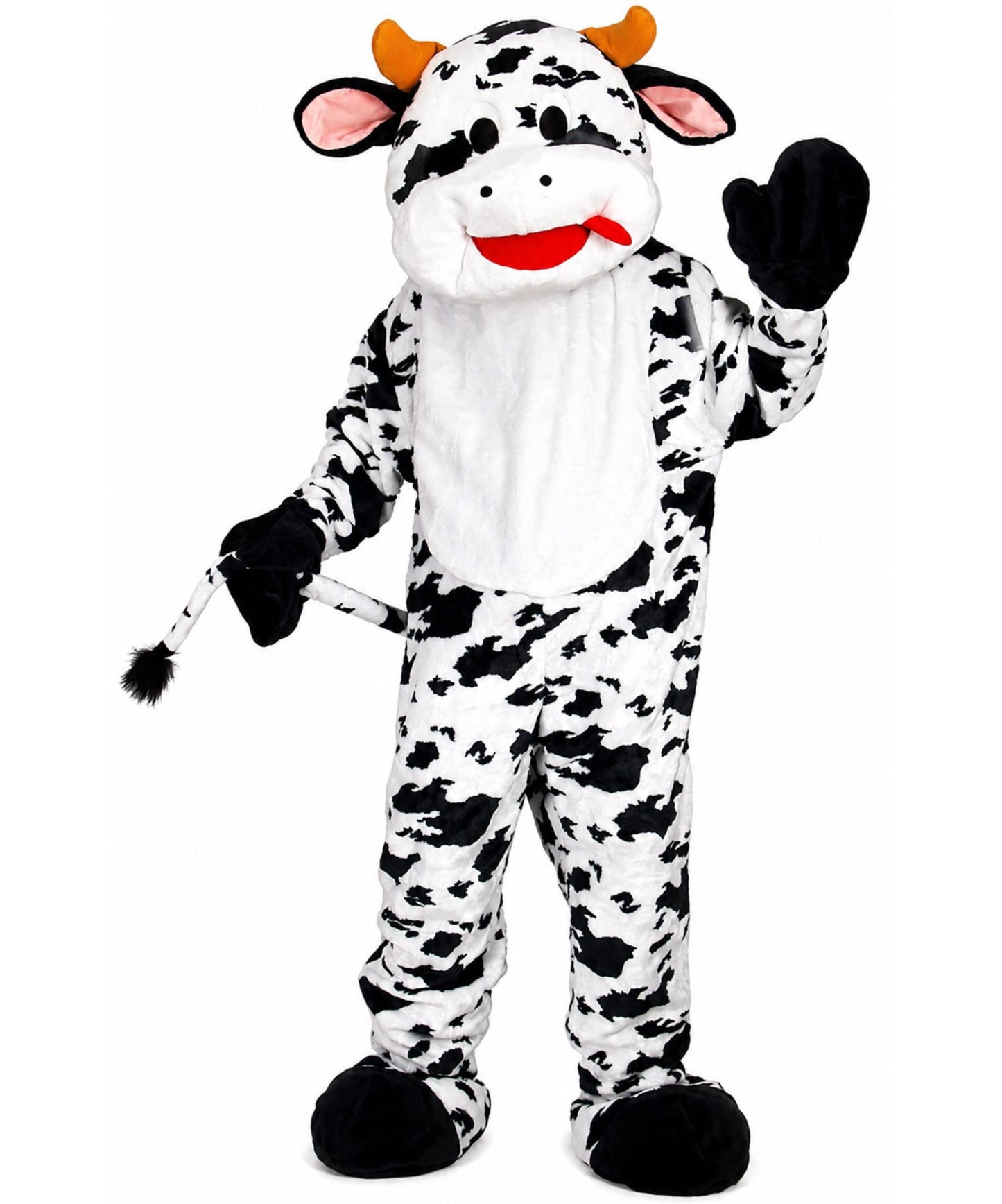 A full-body cow mascot costume with a black-and-white spotted pattern, white belly panel, orange horns, pink inner ears, black gloves, and a red tongue, shown on a plain white background.