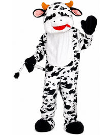 A full-body cow mascot costume with a black-and-white spotted pattern, white belly panel, orange horns, pink inner ears, black gloves, and a red tongue, shown on a plain white background.