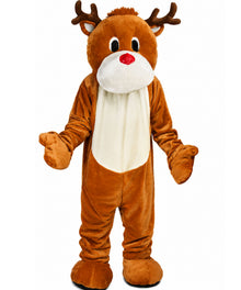 A full-body brown reindeer mascot costume with antlers, a white snout and chest panel, black eyes, and a red nose, shown against a plain white background.