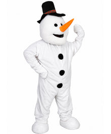 A full-body snowman mascot costume on a plain white background. The costume includes a white hooded body with black buttons, a black top hat with a red patterned band, an orange carrot nose, and a black stitched smile.