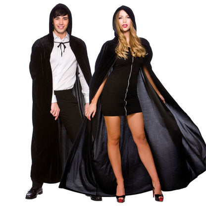 A man and a woman modeling matching black vampire costumes with long hooded cloaks over white shirts and a black mini dress, against a plain white background.