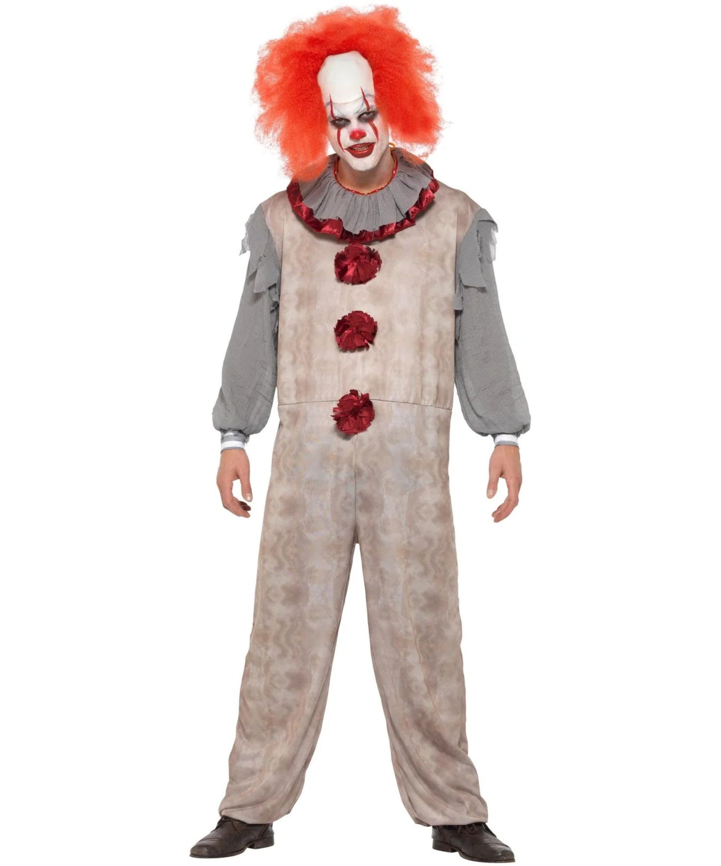 A person modeling a horror clown costume against a plain white background. The costume includes a beige tattered jumpsuit with red rose accents, a gray long-sleeve shirt, a red ruffled collar, and a bright red wig.