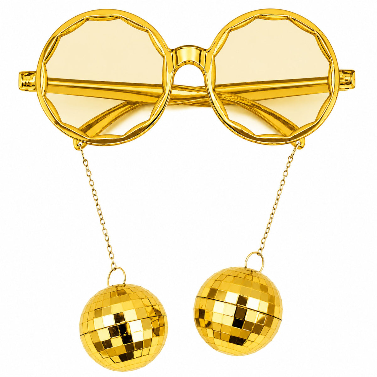 Gold novelty sunglasses with faceted round lenses and two dangling disco ball charms on thin chains, shown on a plain white background.