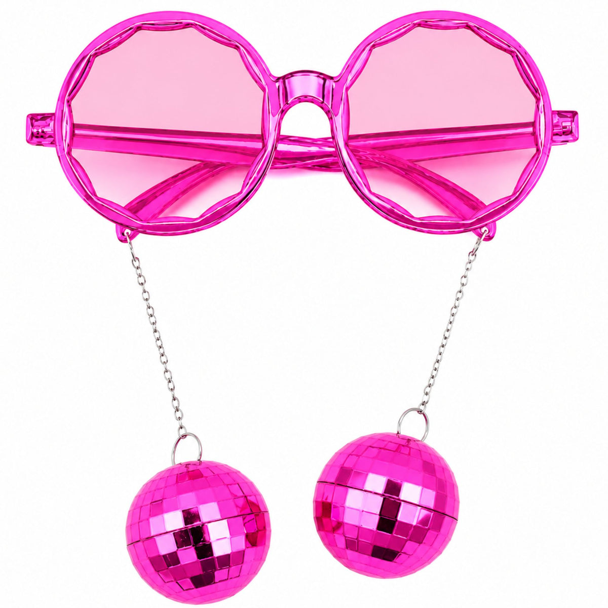 Pink novelty sunglasses with oversized round frames, silver chains, and two dangling disco ball earrings on a plain white background.