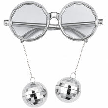 Silver novelty sunglasses with clear lenses and two dangling disco ball charms on a white background.