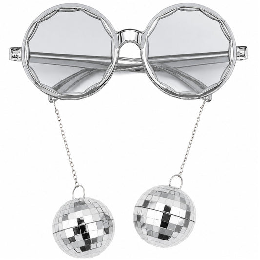 Silver novelty sunglasses with clear lenses and two dangling disco ball charms on a white background.