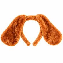 A brown faux fur dog ear headband on a solid white background.