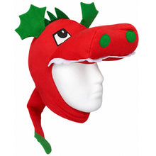 A red dragon costume hood displayed on a white mannequin head against a plain white background.