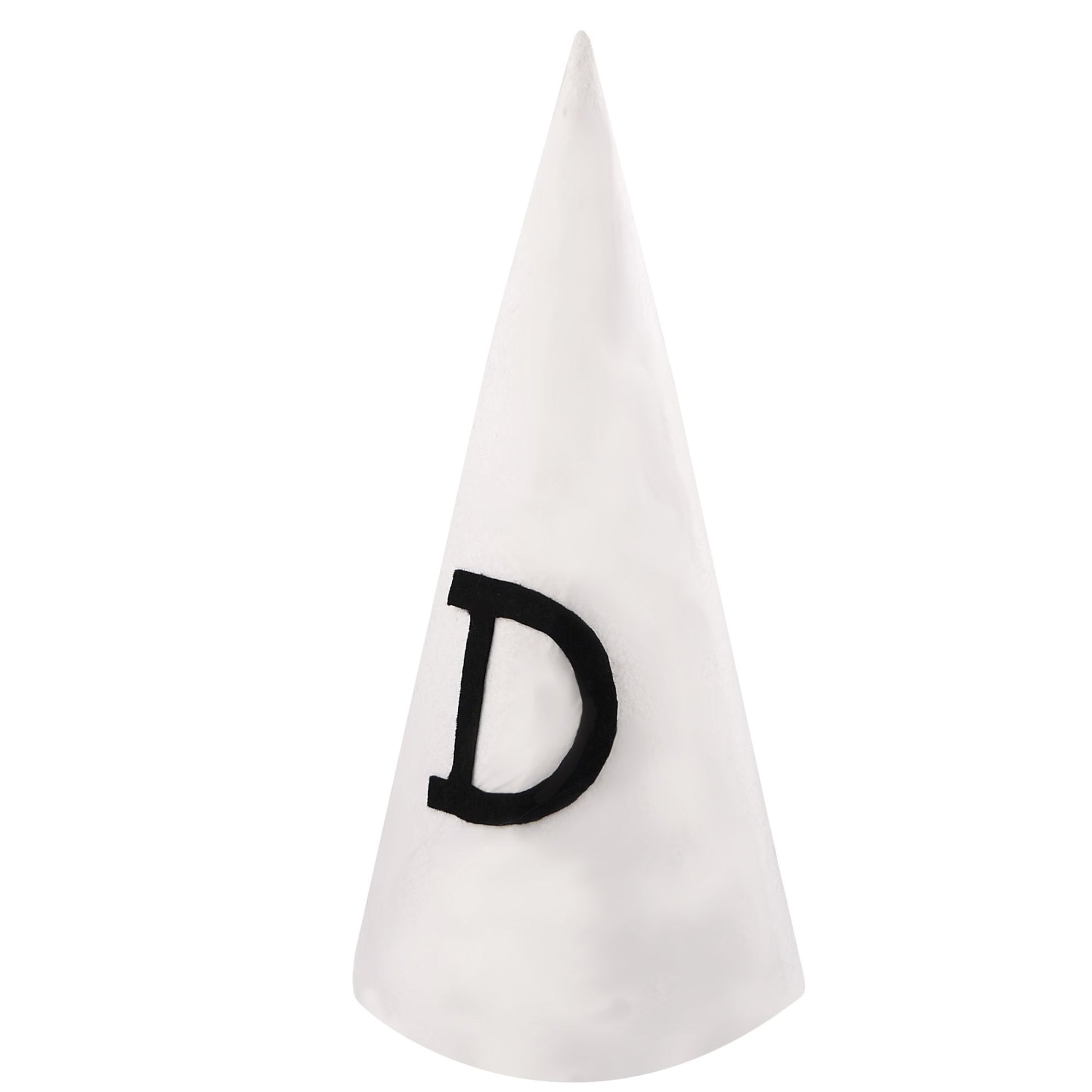 A white pointed party hat with a black embroidered letter 'D' on the front, shown against a plain white background.