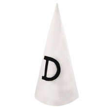 A white pointed party hat with a black embroidered letter 'D' on the front, shown against a plain white background.