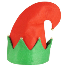 A festive elf hat with a curved red felt crown and a green felt base, accented with small gold bells