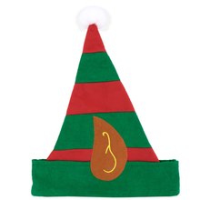 A festive felt elf hat with alternating green and red stripes, a green brim, ear, and a white pom-pom on top, shown on a plain white background.