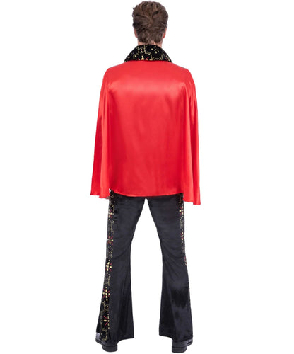 A model shown from the back wearing a red satin cape-style jacket with a black sequined collar and black flared pants with gold sequin trim, against a plain white background.