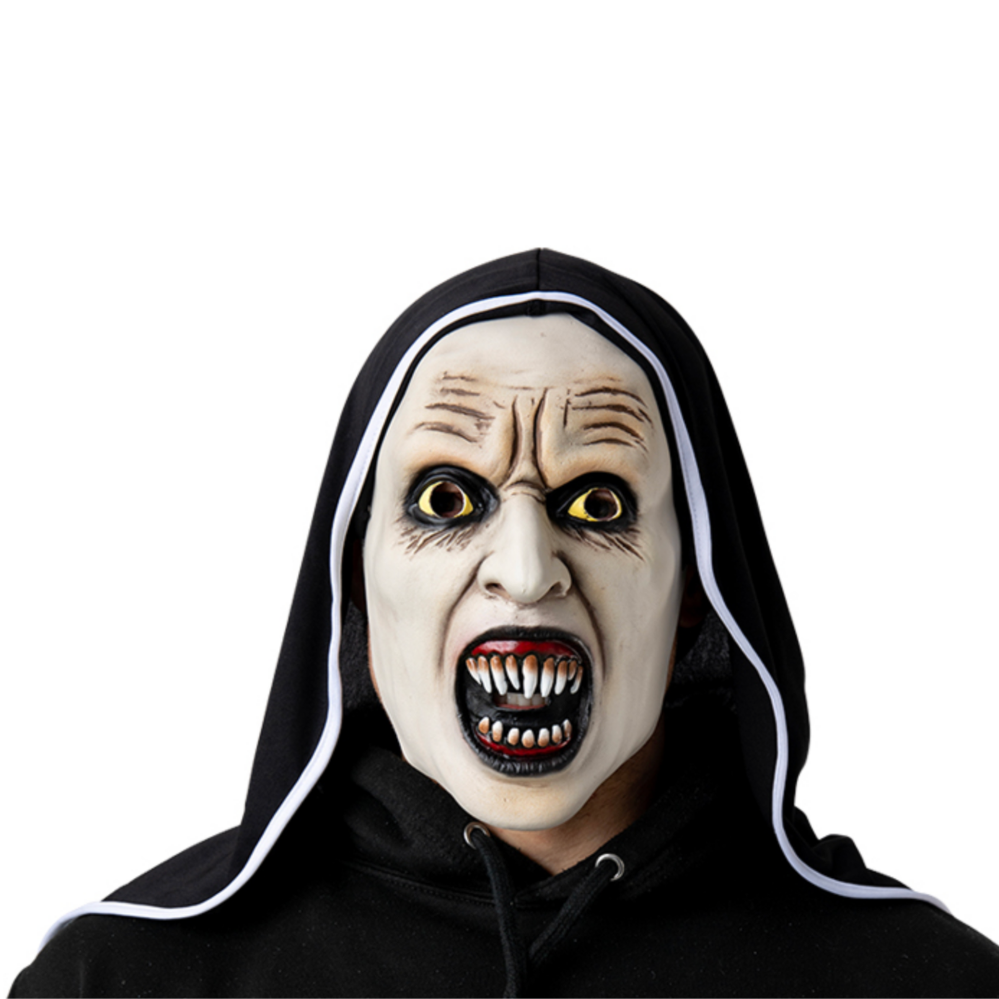 A person wearing a scary nun costume mask and a black hoodie with white trim, shown against a plain white background.