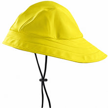 A bright yellow waterproof sun hat with a wide brim and black chin cord, shown against a plain white background.