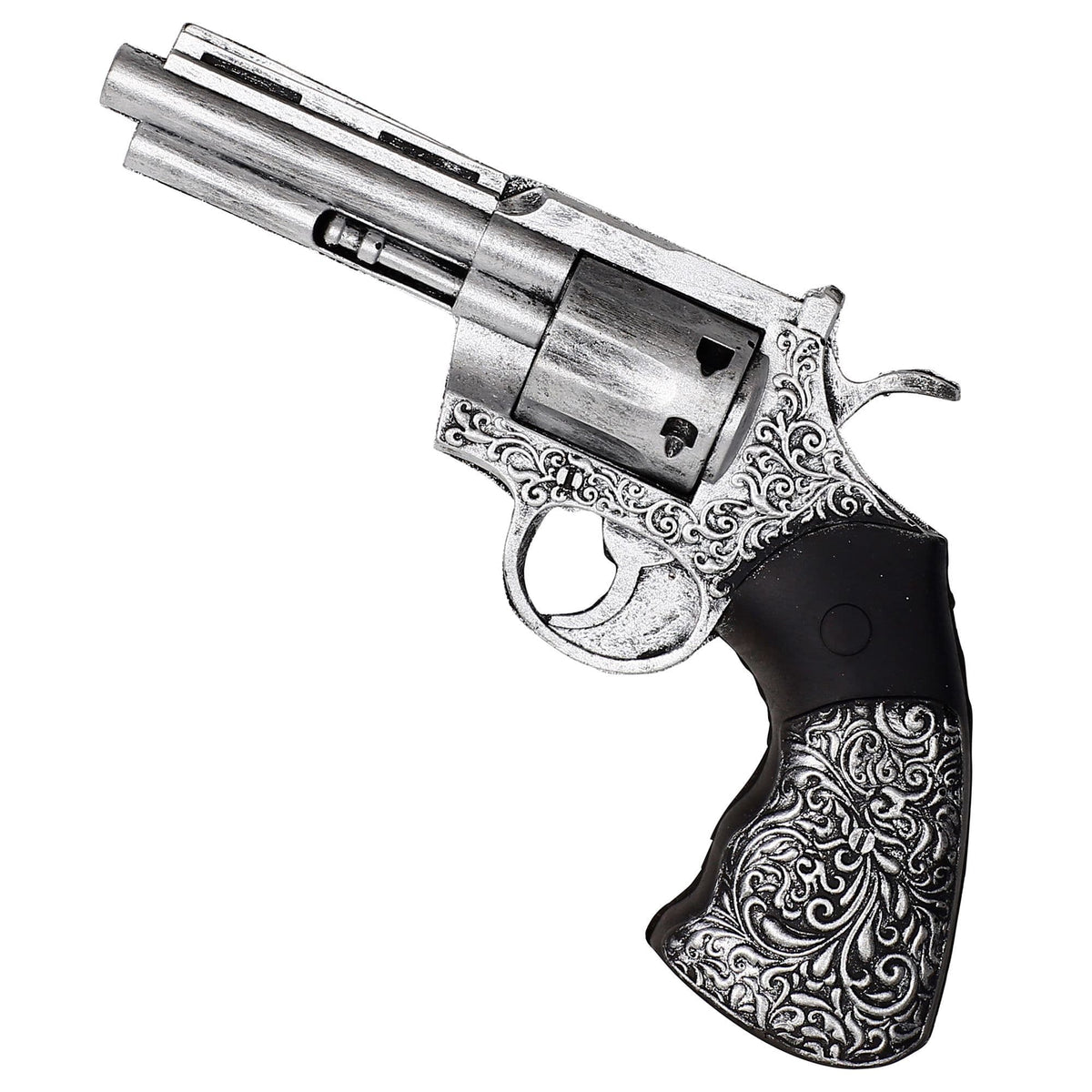 Decorative foam revolver with intricate designs on a white background