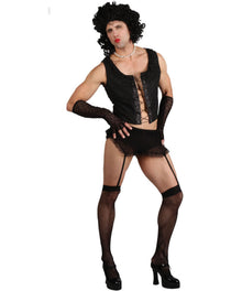 A model posing in a black gothic rocky horror style costume consisting of a lace-trimmed corset top, matching long gloves, garter belt, thigh-high stockings, and a black wig, set against a plain white background.