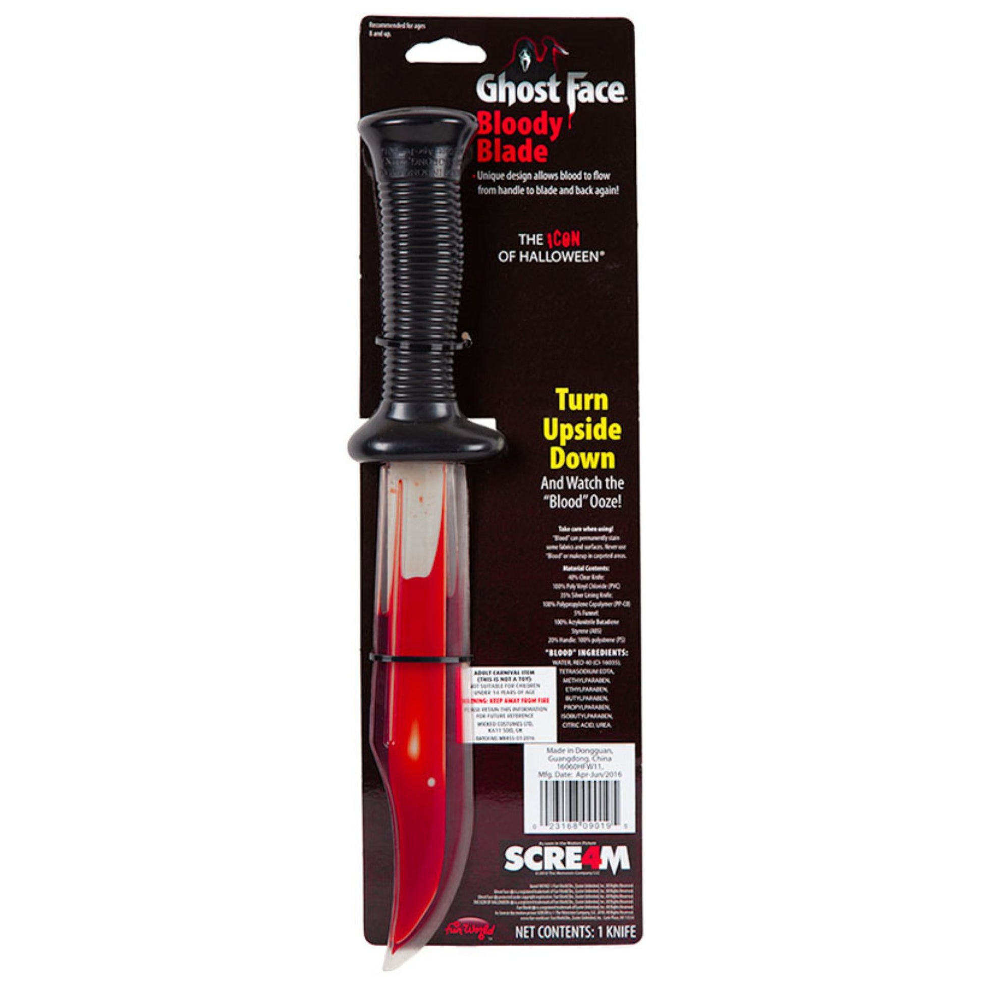 Scream Ghost Face Bloody Blade Halloween prop in its original retail blister packaging, featuring a black handle and a blade with a red blood-filled effect.
