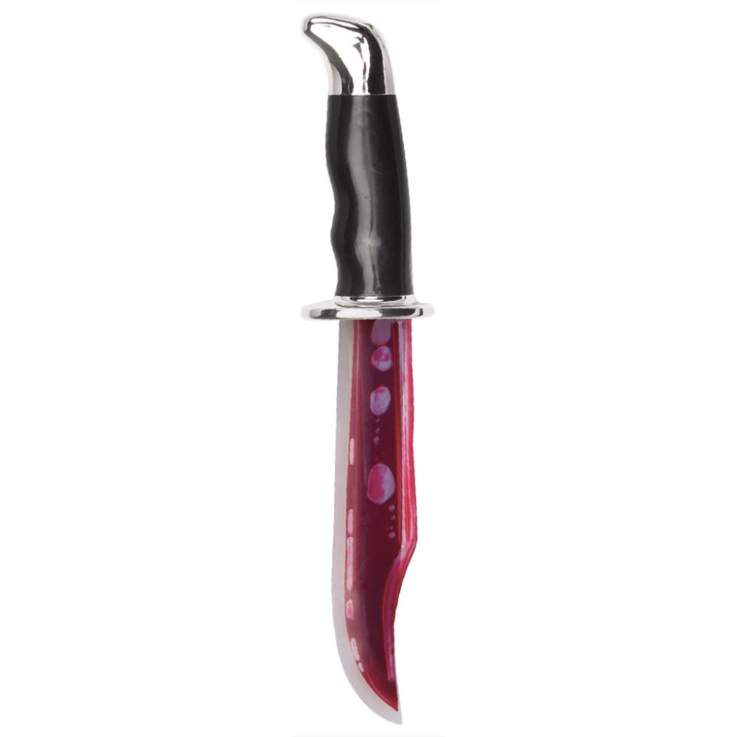 A plastic toy knife with a glossy black handle, silver-colored metal-looking bolster and tip, and a translucent red blade with pink circular patterns, shown against a plain white background.