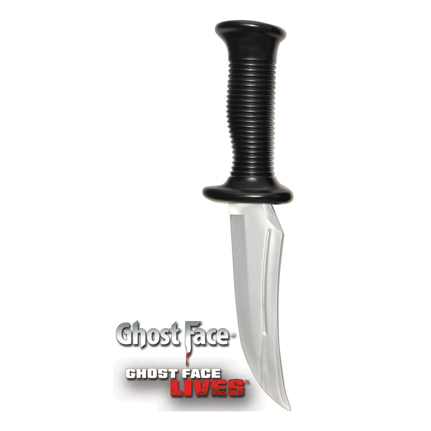 A plastic toy prop knife with a black ribbed handle and a curved silver blade, shown against a white background with the Ghost Face 'GHOST FACE LIVES' logo at the bottom.