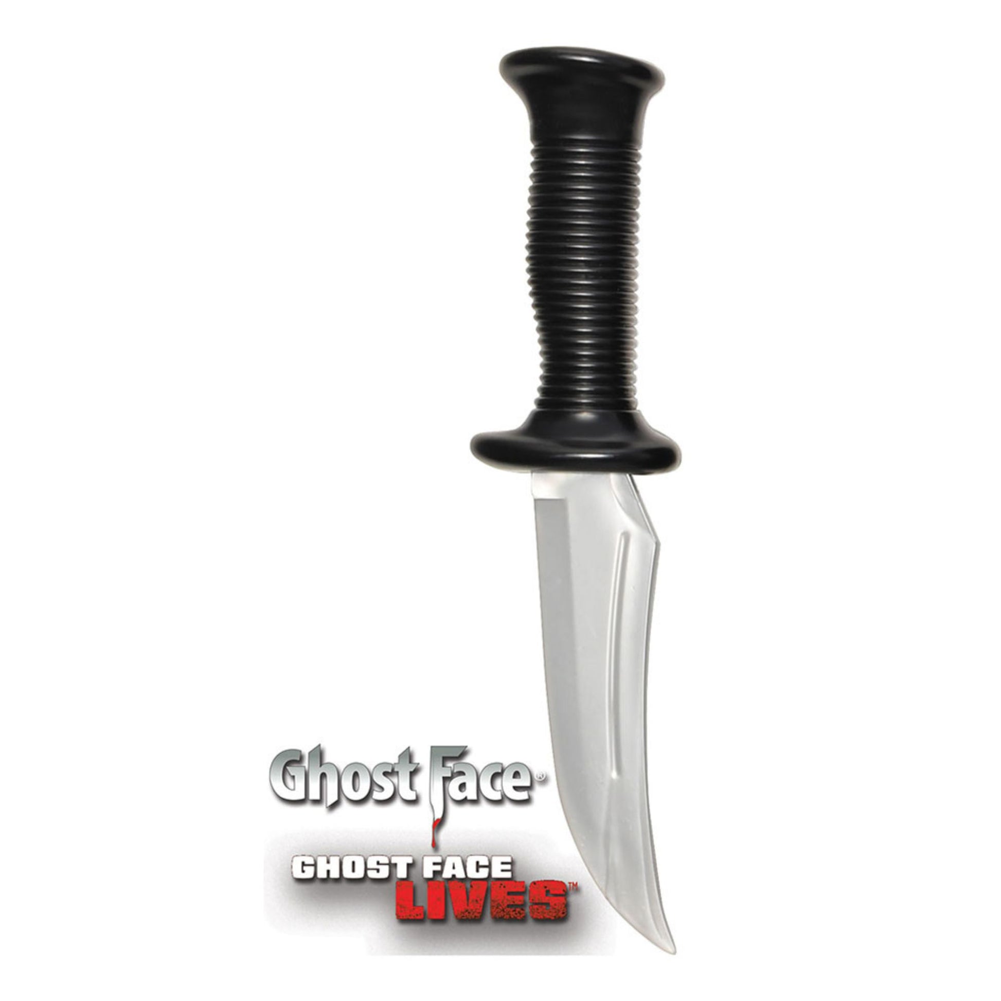 A plastic toy prop knife with a black ribbed handle and a curved silver blade, shown against a white background with the Ghost Face 'GHOST FACE LIVES' logo at the bottom.