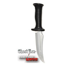 A plastic toy prop knife with a black ribbed handle and a curved silver blade, shown against a white background with the Ghost Face 'GHOST FACE LIVES' logo at the bottom.