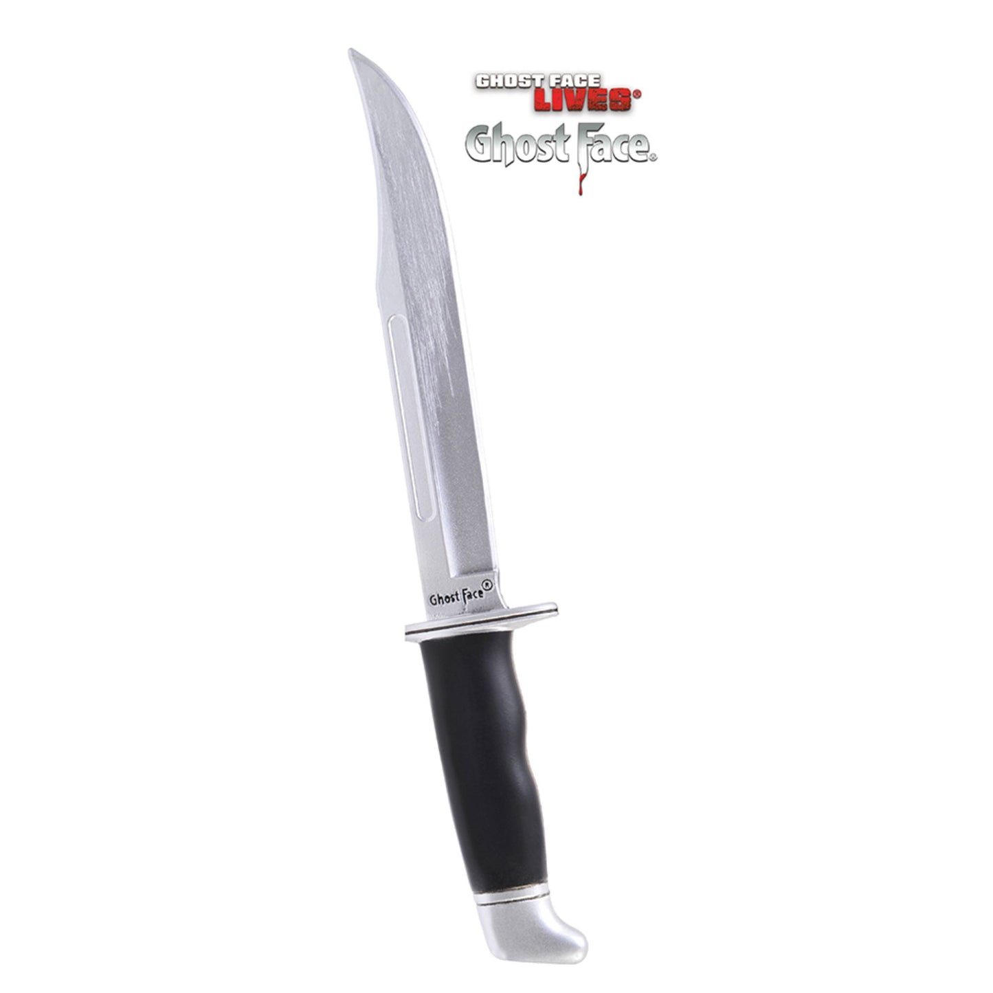 A Ghost Face Lives / Ghost Face prop knife with a silver blade, a black handle, and a silver pommel, shown on a white background with the Ghost Face Lives logo in the top right corner.