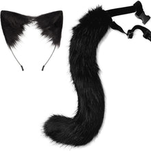 Black faux fur cat animal costume accessory set featuring a long curved tail and a pair of pointed cat ears on a white background.