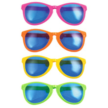 Four pairs of children's sunglasses with colorful frames and blue mirrored lenses, arranged vertically on a white background.