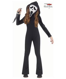 A person modeling a Ghostface-style costume on a plain white background, wearing a black hooded jumpsuit and a white mask with black facial cutouts, while holding a knife. A 'Living Ghost Face' logo appears in the top right.