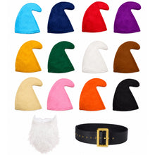 Twelve fuzzy pointed hats in assorted colors arranged in a grid on a white background, plus a white feather-like beard and a black belt with a gold buckle shown below.
