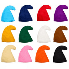 Twelve small pointed hats arranged in a 3-by-4 grid on a plain white background, shown in assorted colors including light blue, navy, red, purple, yellow, green, white, brown, beige, pink, orange, and black.