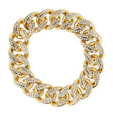 Gold chain bracelet with clear gemstones on a white background