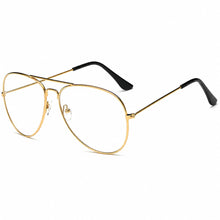 Gold metal aviator-style eyeglasses with clear lenses and black temple tips, shown on a plain white background.