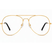 Gold metal aviator-style eyeglasses with clear lenses and black temple tips, shown against a plain white background.